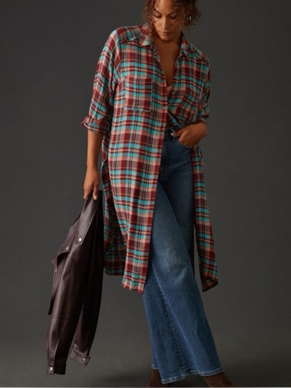 Pilcro by Anthropologie Plaid Longline Button-Down Tunic Shirt Dress S